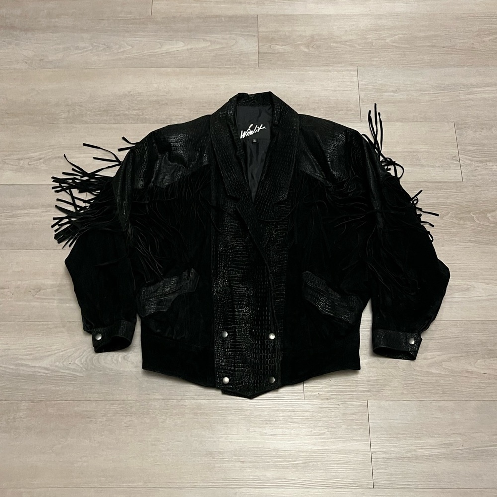 Vintage 90s Winlit Black Leather Fringe Cowgirl Western Jacket 
Women’s Size L